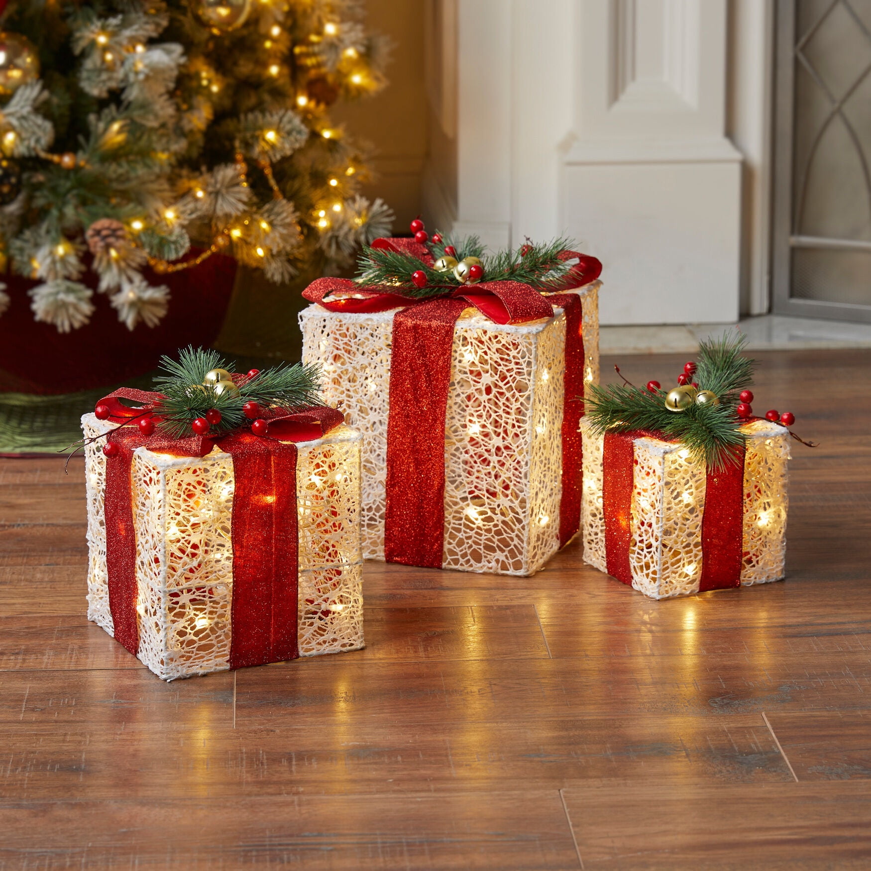 Brylanehome PreLit Gift Boxes, Set Of 3, White Red
