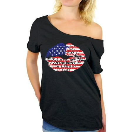 Awkward Styles American Flag Off Shoulder T Shirt Tops Lips Shirts for Women USA Flag Stars and Stripes Lips Tee Shirt Red White & Blue Lips Tshirt 4th of July Gift Independence Day Party Outfit
