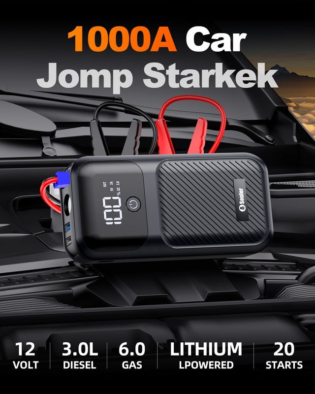 Car Jump Starter, 3000A 12V Car Battery Jump Starter up to 5.0L Gas and 3.5L Diesel Engines Portable Jump Box with 2 USB Ports, LED Lighting