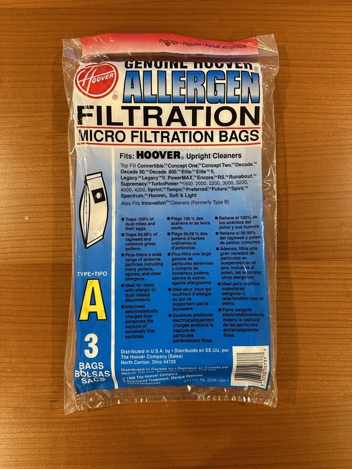 Genuine Hoover Type A Bags Allergen Filtration Fits Upright Cleaners. 3 Pack Nos