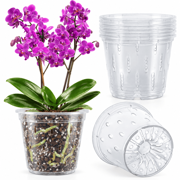 RAIRSKY Orchid Pot, 6 Pack Orchid Pots with Holes, 5.5 Inch Clear Plastic Flower Planters for Repotting Indoor Outdoor, Breathable Slotted Nursery Planter