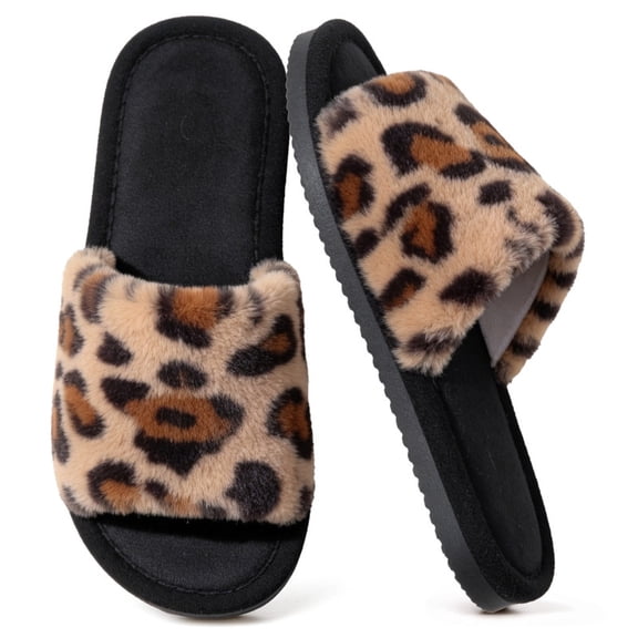 BERANMEY Leopard Open Toe Womens Slippers Cute Soft House Slippers for Women Men Anti-slip Thick Sole Indoor Bedroom Winter Home Slippers