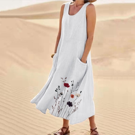 AUNVITO Women's Sleeveless Dress Round Neck with Pocket Partial Print Casual Bohemian Style