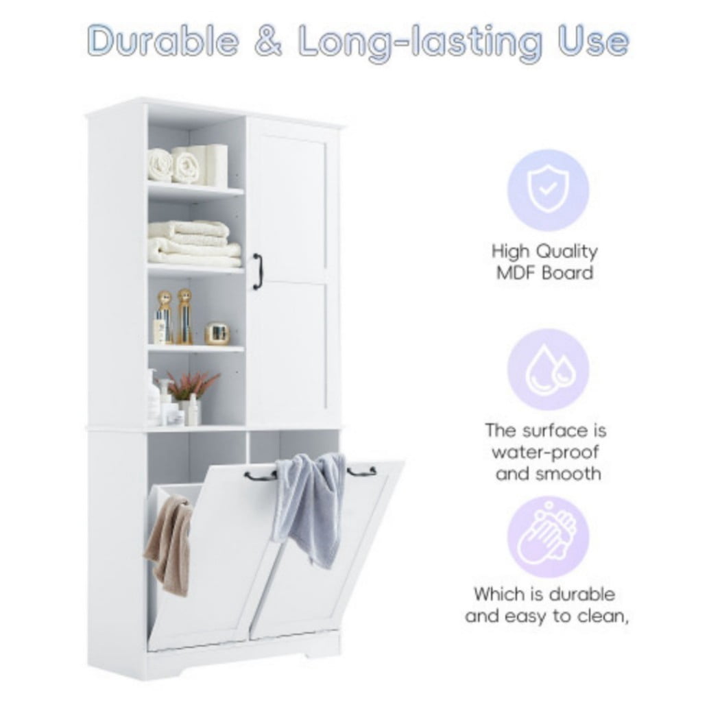 Bathroom Storage Cabinet with Doors and Drawers, Tall Laundry Hamper Cabinet with 2 Tilt-Out Baskets, Adjustable Shelves, Open Storage, White