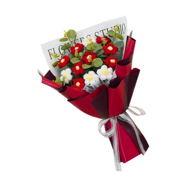 Ramo de flores de ganchillo, flores artificiales, flores falsas para el hogar, flores preservadas para fiestas, tejidas a mano para Acción de Gracias, Rojo