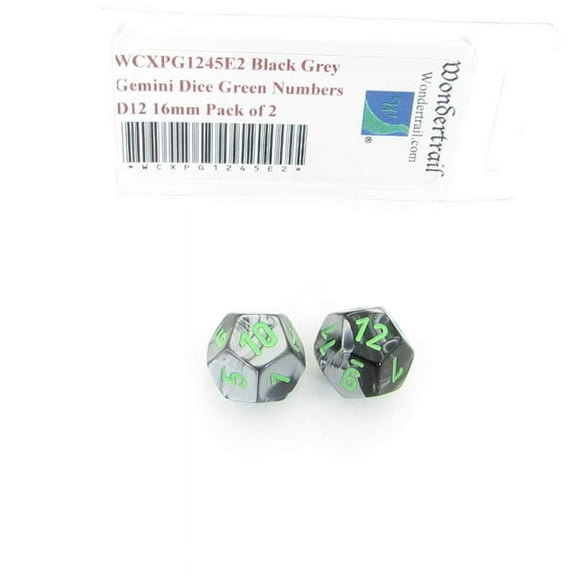 Black and Grey Gemini Dice with Green Numbers D12 Aprox 16mm (5/8in) Pack of 2 Wondertrail