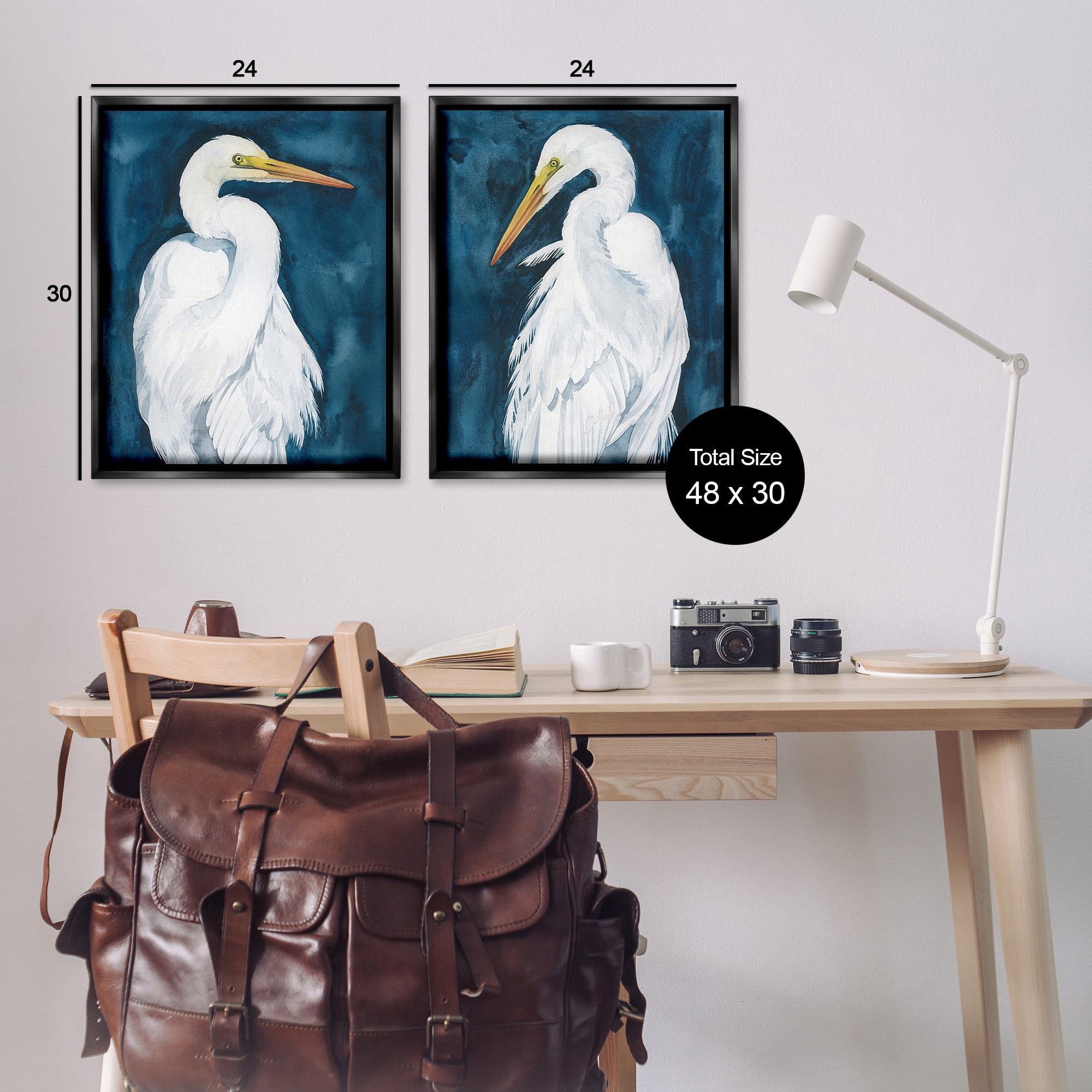 Stupell Industries Elegant Egrets on Blue Animals & Insects Painting Black Floater Framed Canvas Art Print Wall Art, 25 x 31, Set of 2