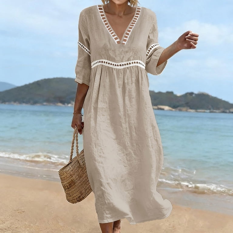 ZHAGHMIN Summer Dress Women 3/4 Sleeve Casual Dress Hollow V Neck Dress Cotton Blouse Dress Casual Maxi Dress Tunic Dresses Beige L2