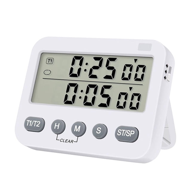 temporizador digital dual con, temporizador de cocina SM SunniMix blanco con pantalla LCD doble, vista frontal 3/4 con soporte desplegado; carcasa ABS blanca y botones frontales T1/T2, H, M, S, ST/SP; pantallas muestran 0:25:00 y 0:05:00; imán trasero visible, tamaño 84.8x64.8x21.6 mm; también apto para recordatorios de medicación o tareas para personas mayores.
