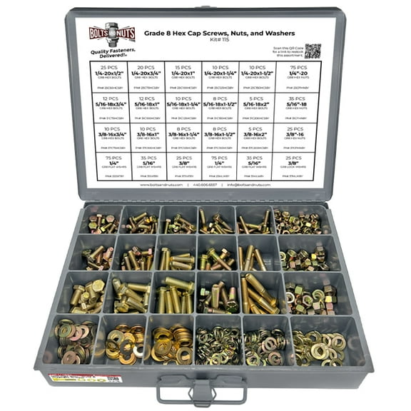Grade 8 Hex Cap Bolts Screws, Nuts, Washers, Lock Washers Assortment Kit - 574 Pieces!