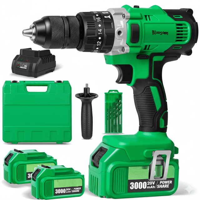 Set Taladro Bloosom Rotomartillo 1/2'' Con 3.0ah Batería Bolsa herramientas Verde