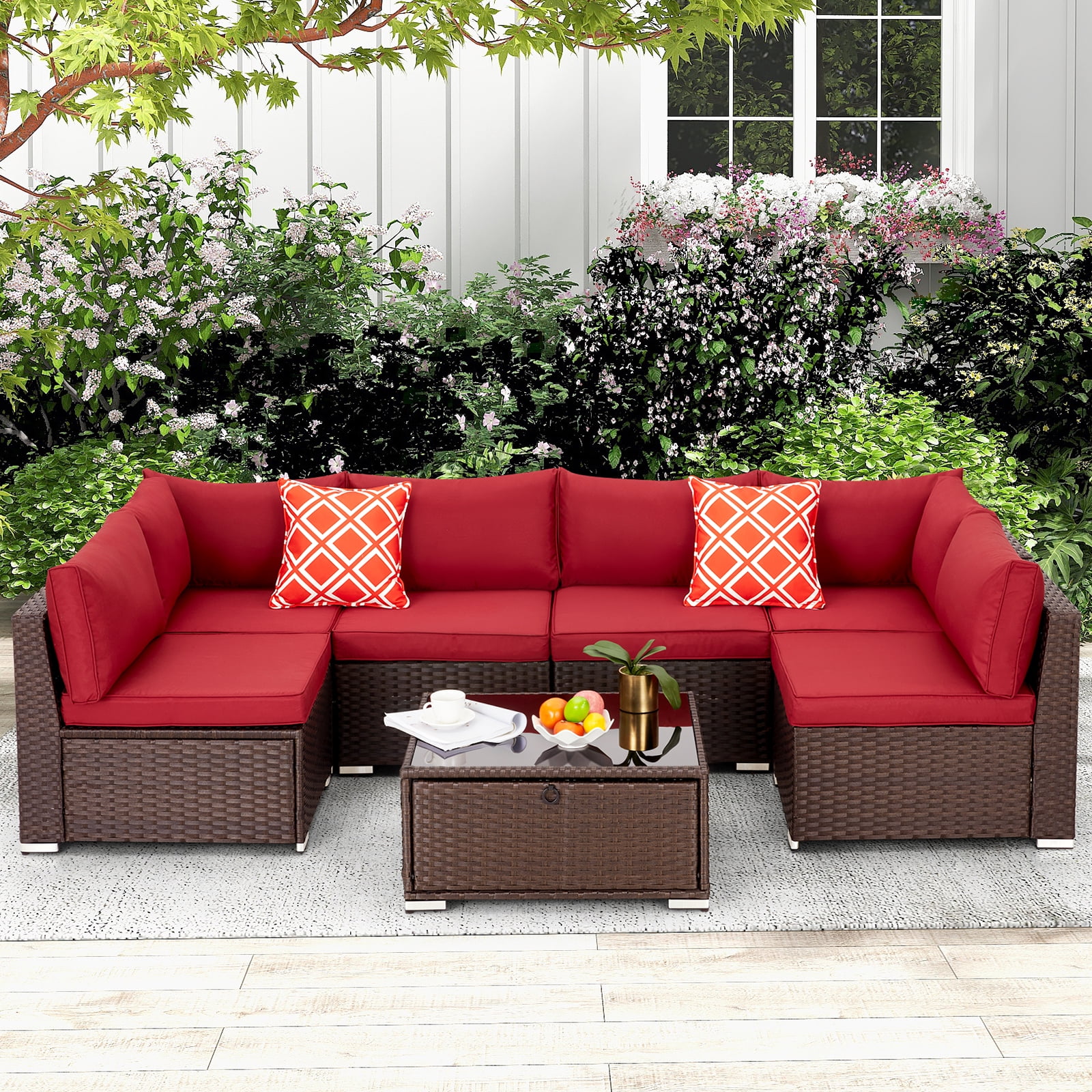 Homrest 7 Pieces Outdoor Sectional Sofa, Wicker Conversation Sets, Steel Frame, Red