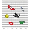 thumbnail image 3 of Kiss Me Shower Curtain, Retro Style Sticker Design Shoe Cup Pin and Red Lips on Monochrome Stripes Backdrop, Fabric Bathroom Set with Hooks, 69W X 75L Inches Long, Multicolor, by Ambesonne, 3 of 3