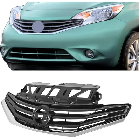 KOJEM Front Grille Compatible with 2014-2017 Nissan Versa Note Replacement for 623103VY0A NI1200257 Front Bumper Upper Grill Plastic(ABS) Chrome Black Silvery