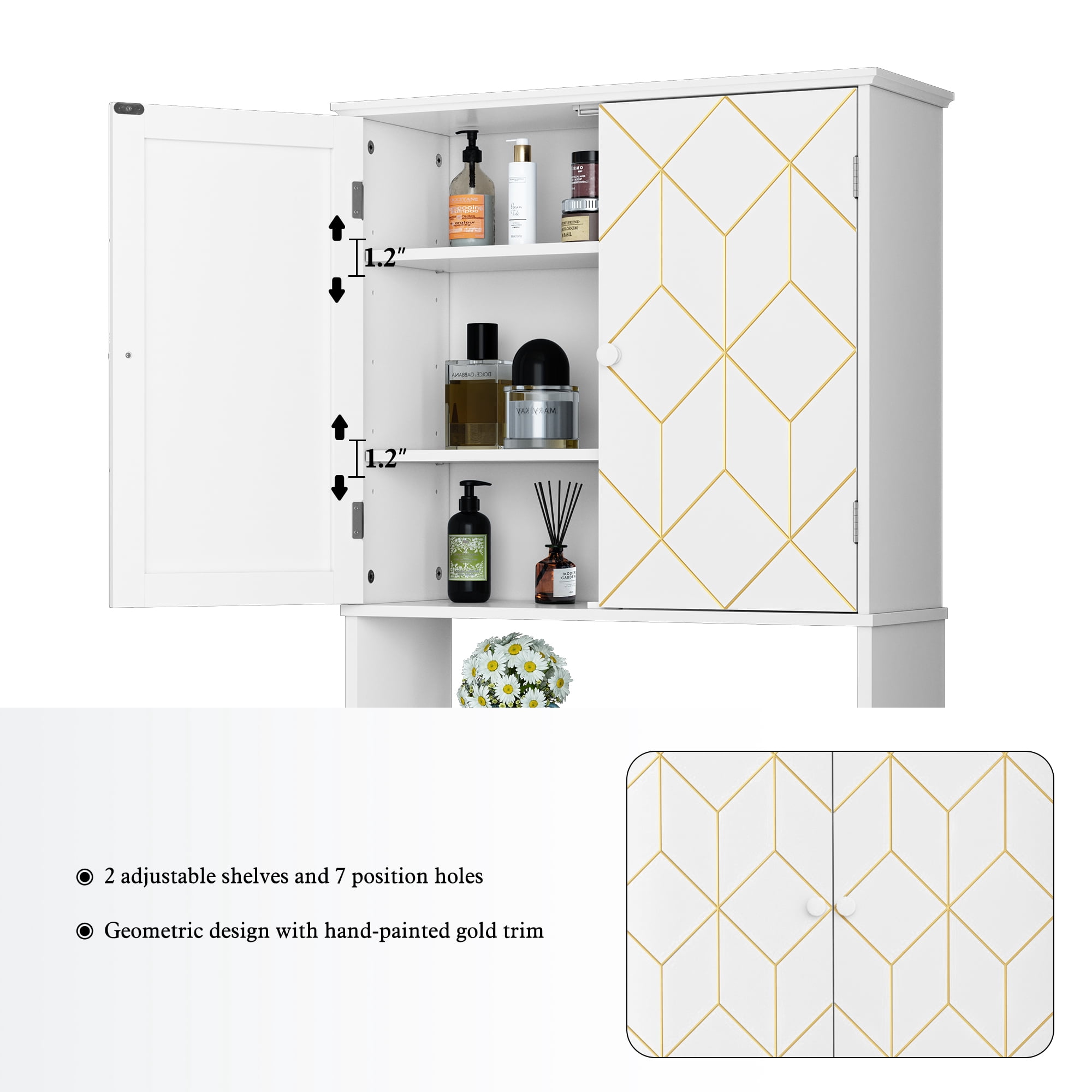 HLR Over The Toilet Storage Cabinet, Bathroom Above Toilet Storage Cabinet with Doors and Adjustable Shelves, White