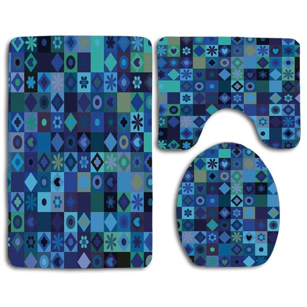 ABPHQTO Naipes Indigo Inspirados Corazones Círculos Cuadrados Flor Moderno Juego de alfombras de baño de 3 piezas Alfombra de baño Alfombra de contorno y tapa de inodoro ABPHQTO Cont-CHAPPLE-33031