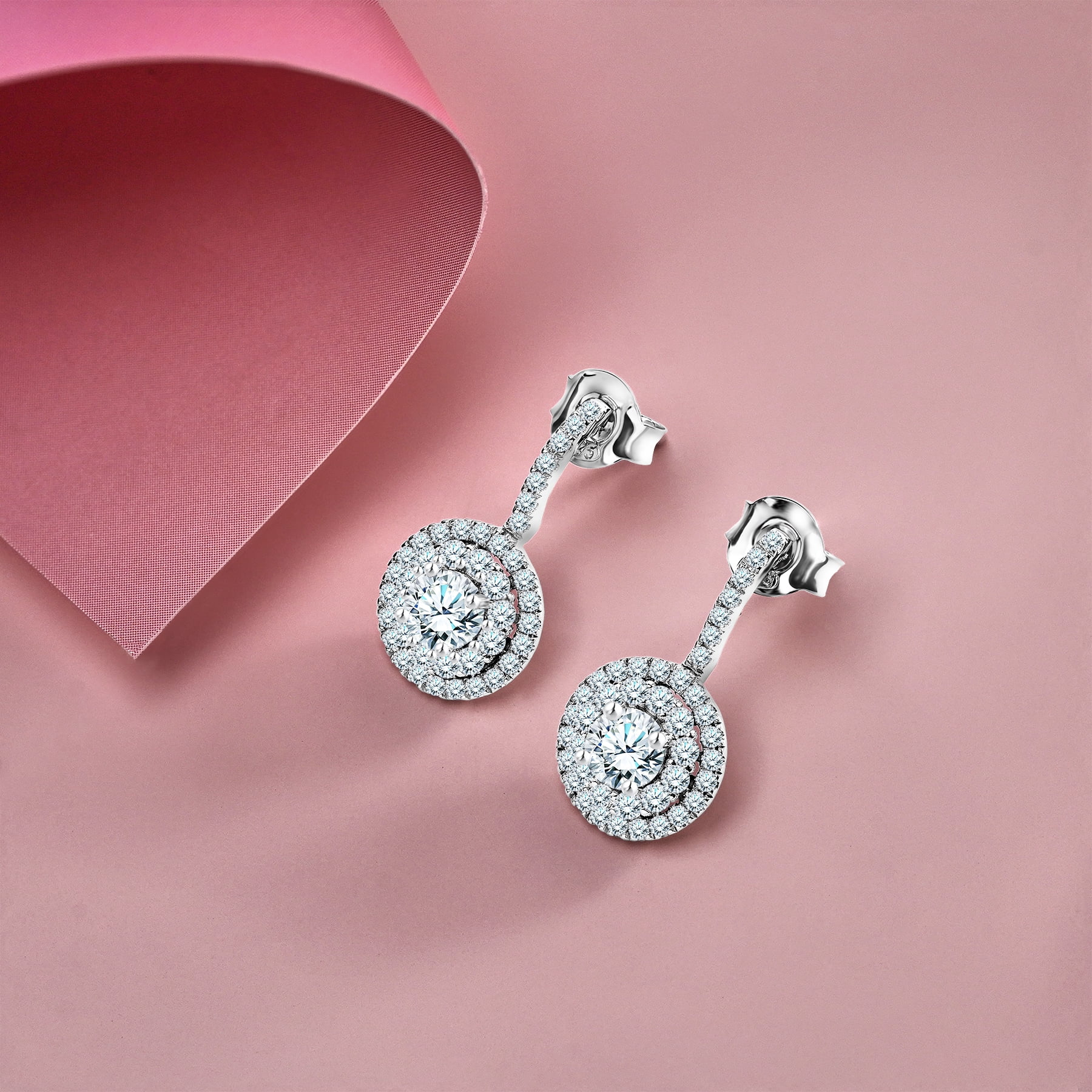 JeenMata 1 Carat Lab Grown Diamond Halo Drop Earrings - Round Cut Vintage Inspired Earrings in White Gold Plating