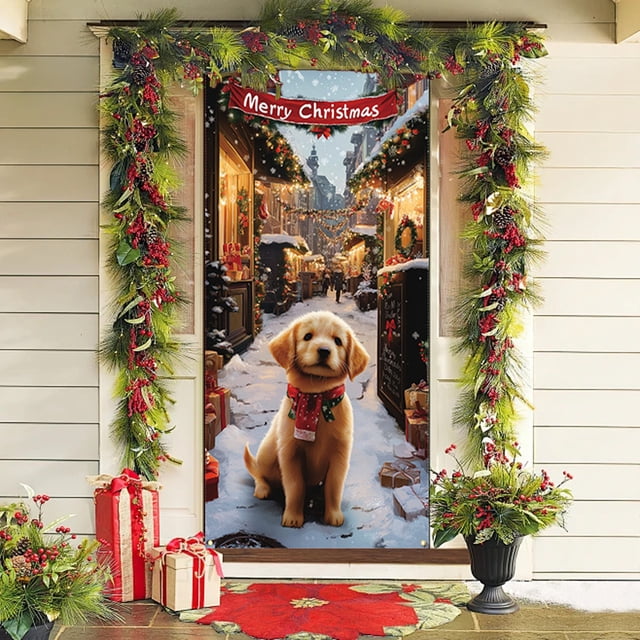 BAOPAI Rideau de Porte de Noël 35x71 Pouces Design Père Noël avec Chiens Motifs Festifs Tissu Polyester Décoration Extérieure Durable Réutilisable