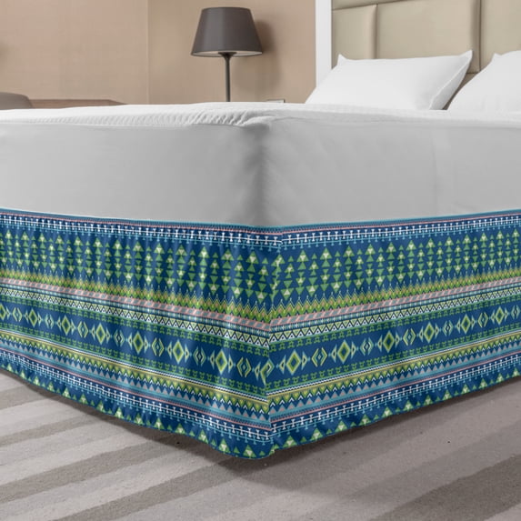 Ethnic Bed Skirt, Continuous Pattern with Folkloric Inspired Triangles and Lines, Elastic Bedskirt Dust Ruffle Wrap Around for Bedding Decor, 4 Sizes, Multicolor, by Ambesonne