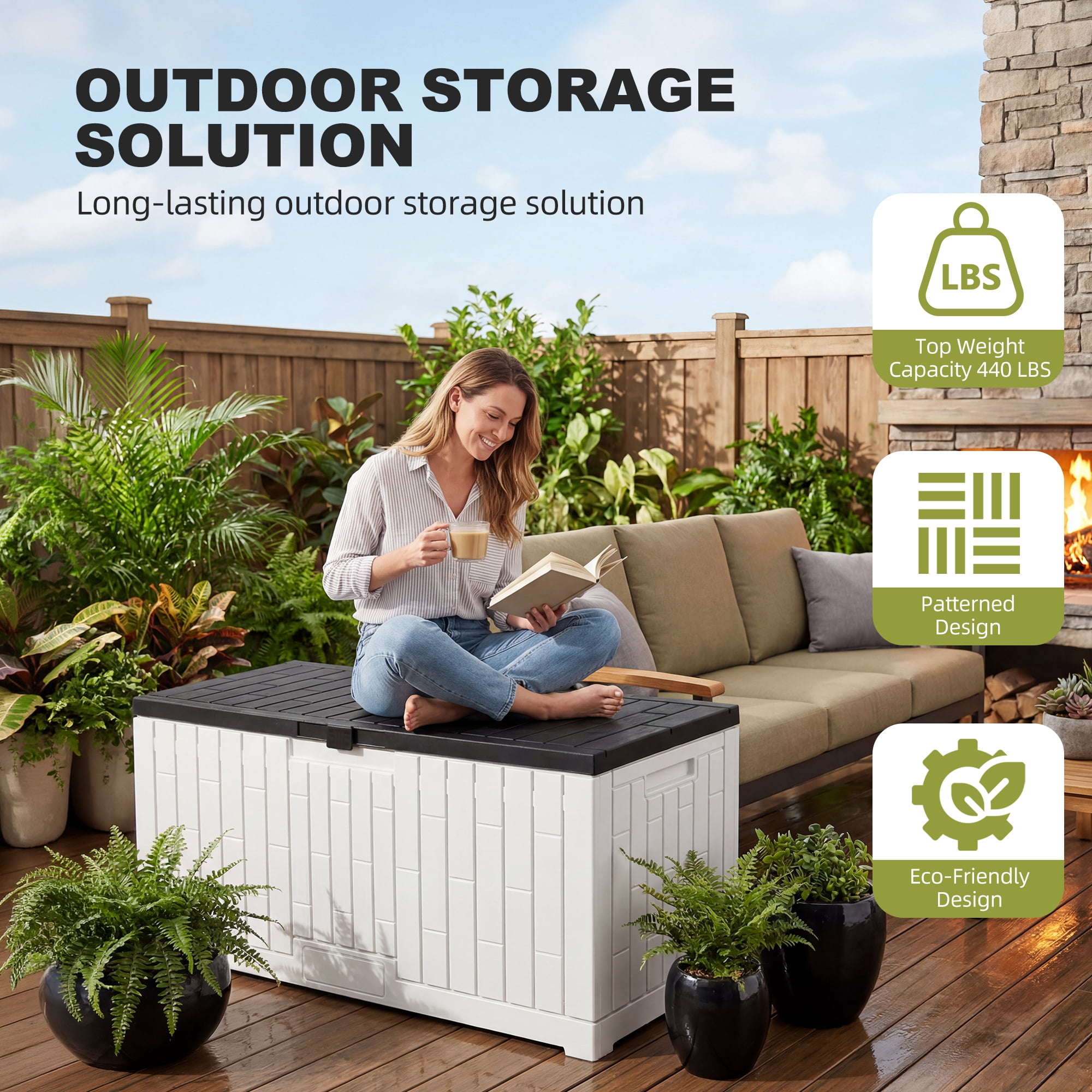 Dextrus 120 Gallon Weatherproof Resin Outdoor Storage Box, Slide Lock Patio Deck Bench for Garden Pool Yard, Easy Assembly, White