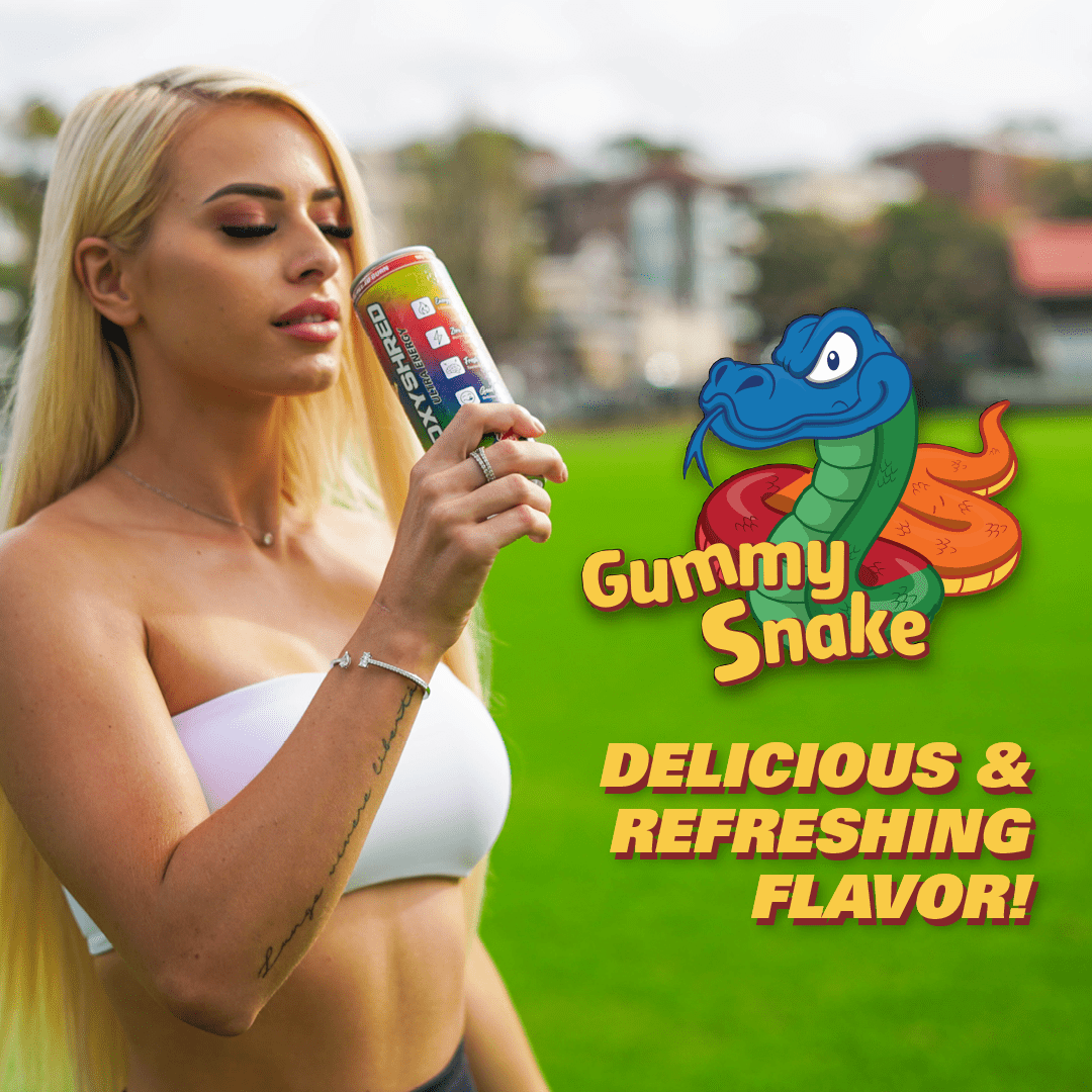 EHP Labs OxyShred Healthy Energy Drink - Zero Sugar Energy Drinks with Amino Acids, Green Tea Extract, Vitamin C & L Carnitine - Zero Carbs, Zero Calories, Clean Caffeine, Gummy Snake (12-Pack)