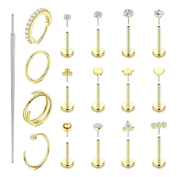 DESIGNICE 14K Gold Filled Nose Rings Studs Hoops for Women Men 20G 18G Hypoallergenic Surgical Steel Push in Threadless Flat Back Earrings Cz Tragus Lip Cartilage Medusa Nostril Piercing Jewelry