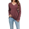 thumbnail image 2 of Womens Long Sleeve Shirts V Neck Casual Tops Loose Dressy Basic Fall Fashion Trendy Outfits Winter Clothes Dark Red M, 2 of 8