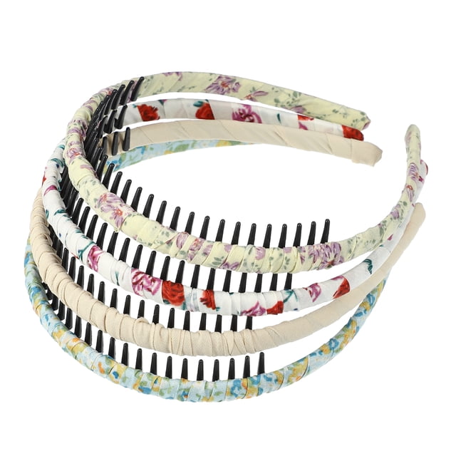 Unique Bargains 4pcs Diademas con Peine de Dientes Patrón Floral Diadema con Peine de Dientes para Mujeres Blanco Púrpura Amarillo Azul Beige