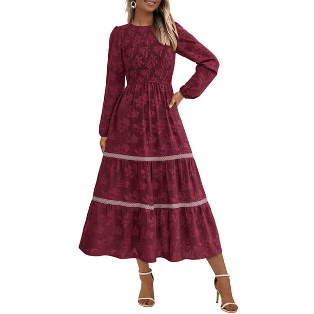 Vestido midi PRETTYGARDEN de manga larga para mujer, color rojo vino