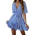 thumbnail image 1 of Robe Courte Plissée Aguichant pour Femme à Col en V Plongeant, Manches Courtes, Rayée, Portefeuille, Ourlet à Volants, avec Ceinture, Bleu, P, 1 of 5