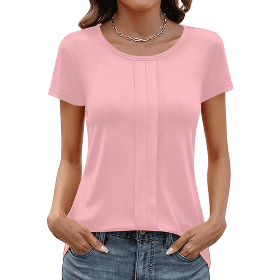 Turilly Fashionable Women's Casual T-Shirts Ladies Loose Fitting Round Neck Short Sleeve Solid Color Top Pink L