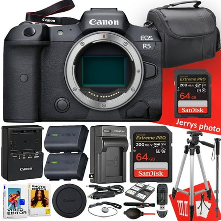 Canon EOS R5 Mirrorless Camera (Body Only) + 2PC 64 GB Memory + Tripod + Monopod + Extra Battery + More (22pc Bundle)