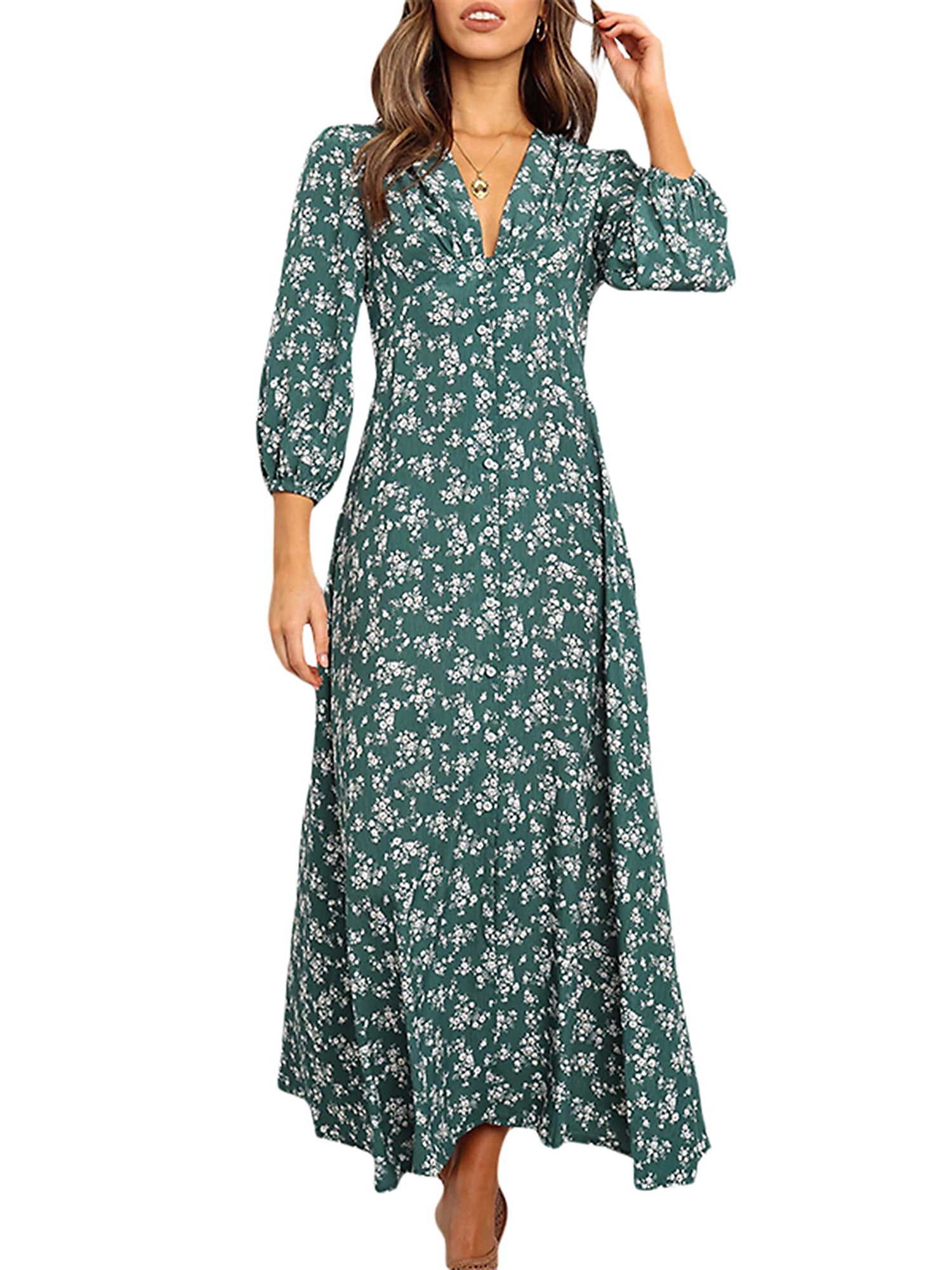 HULKY Womens Vintage 3/4 Sleeve Loose Pleated Maxi Dress Floral Print Flowy Elegant Casual A-line Long Dresses with Pockets
