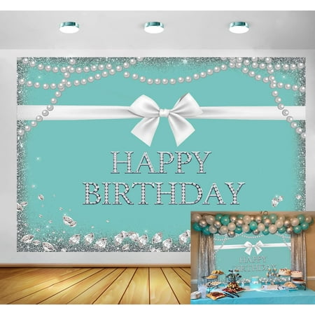 Image of Tiffany Breakfast Blue Bow-Knot Backdrop Turquoise Diamonds Sweet 16 Birthday Party Background Baby Shower Bridal Shower Wedding Party Cake Table Decorations 7x5FT