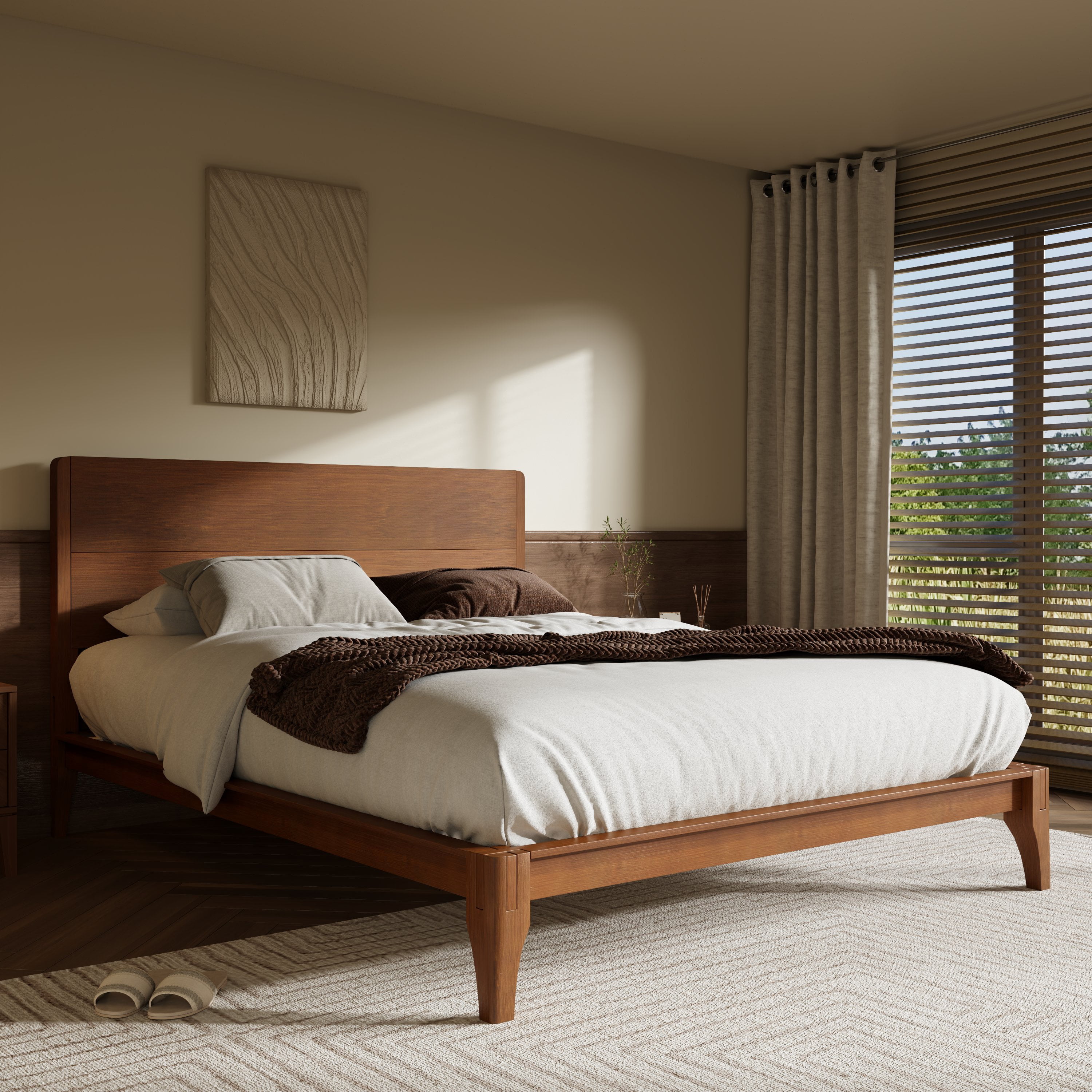 Euroco Mid-Century King Size Platform Bed, Bamboo Wood Bed for Bedroom, Brown