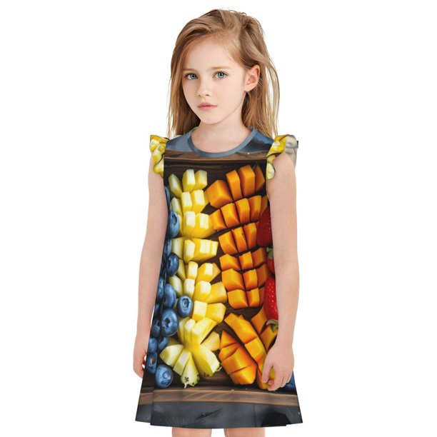 Fotbe Halloween Fruit Platter Vestido de Dormir para Niñas de 3 a 10 Años, Mangas Cortas, Estilo Princesa, Pijama Camisón con Mangas Voladas-Small
