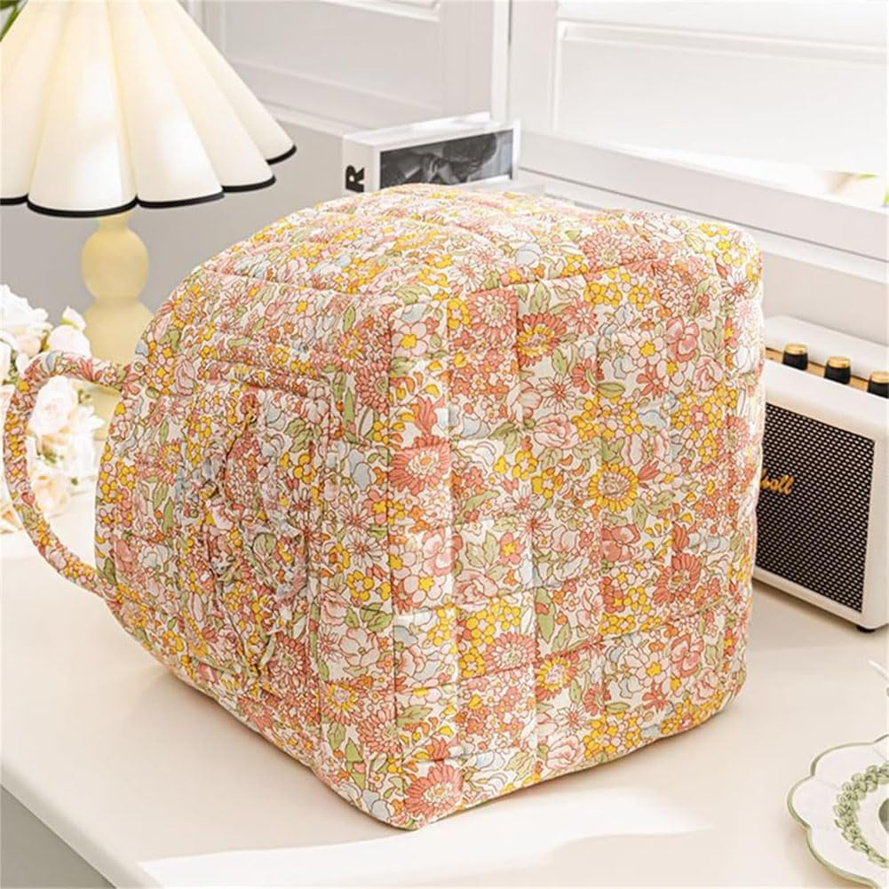 Boho Fabric Storage Basket, Boho Floral Laundry Baskets, Collapsible Bohemian Style Puffer Quilted Tote, Large Capacity Spring Vintage Storage Bag Organizer with Handle & Front Pocket