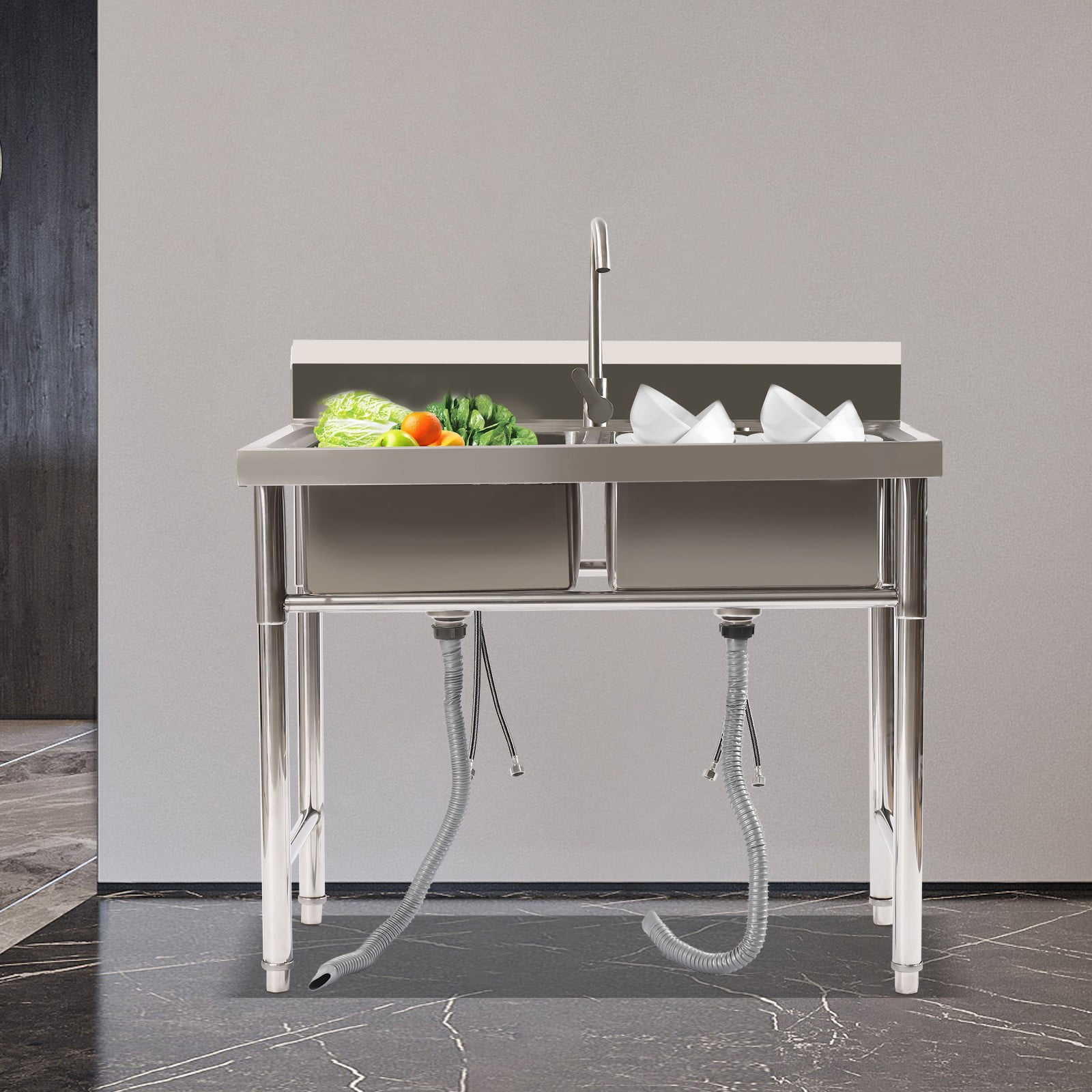 Freestanding Rectangular Silver Double Compartment Commercial Restaurant Utility Kitchen Sink Stainless Steel
