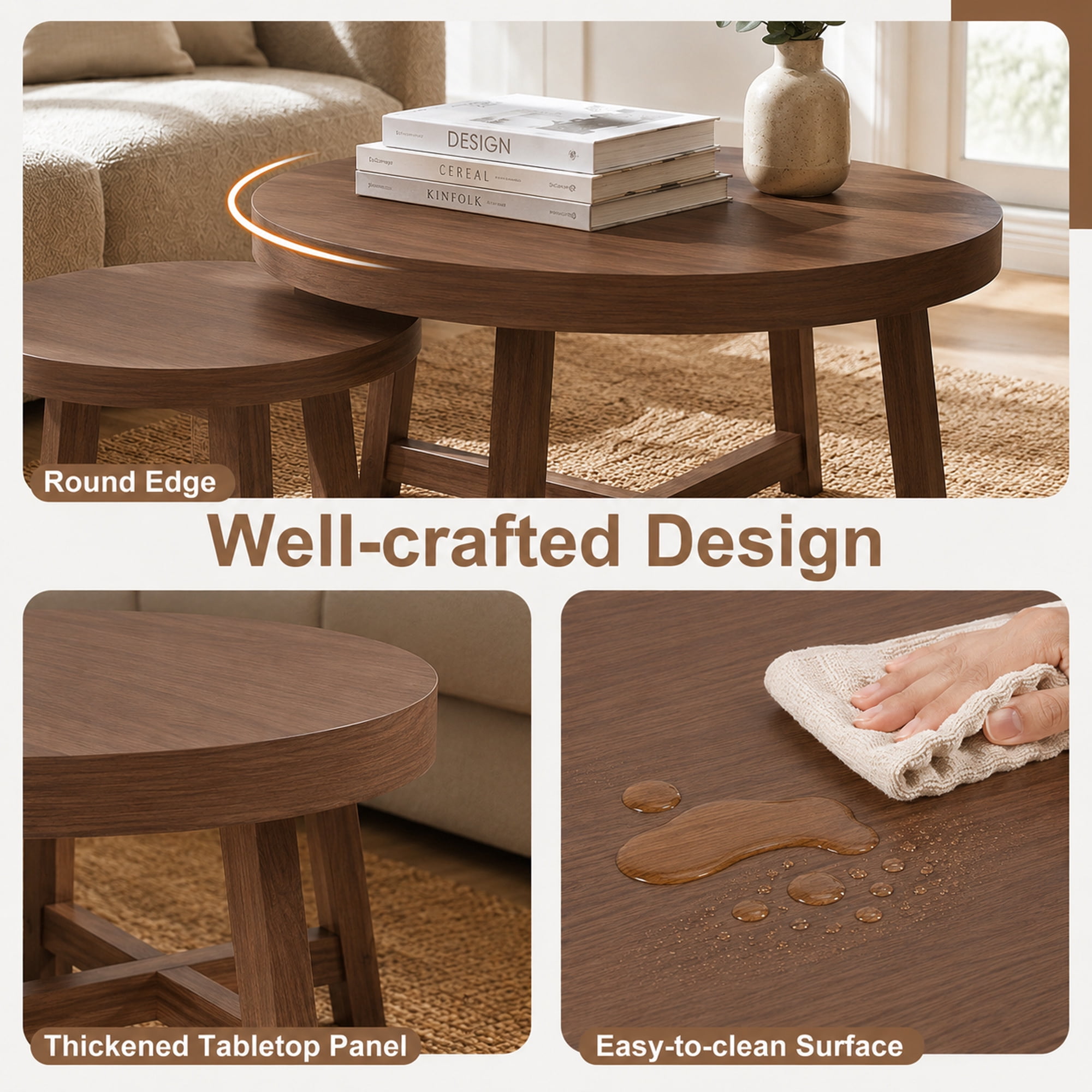 Leumius Set of 2 Round Nesting Coffee Tables, Walnut Tone Finish Modern Side Tables, X-Shaped Frame Stackable End Tables for Living Room, Bedroom, Balcony