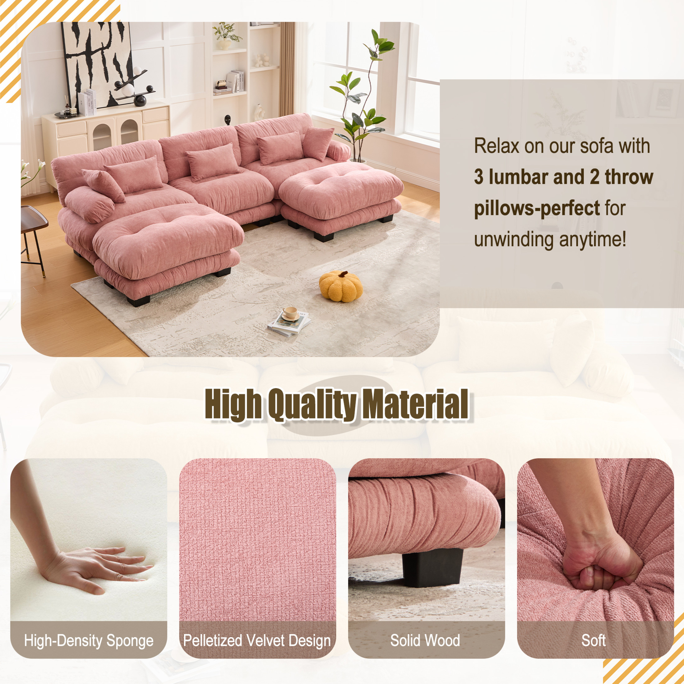 Noble House 3-Seater U-Shape Cloud Couch, Pelletized Velvet Sectional Sofa with Ottomans, Bolster Armrests, Pink