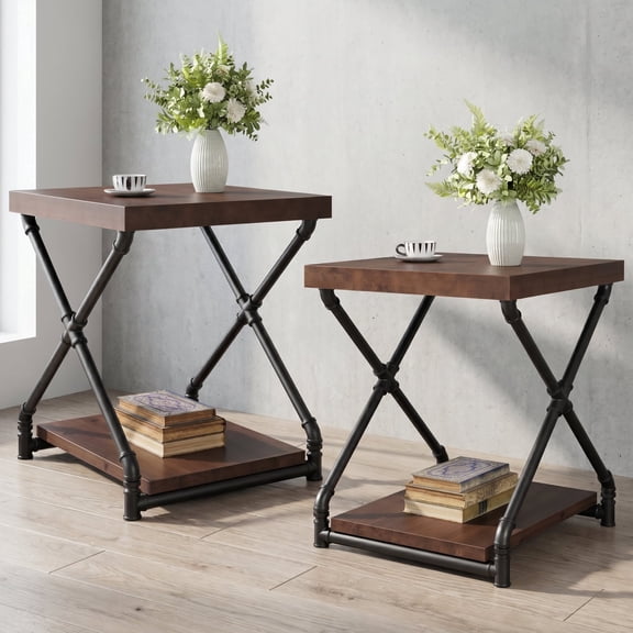 Finmind Solid Wood  Set of 2 End Side Table with Storage Space for Living Room, Small Wood Nightstand for Bedroom, Brown