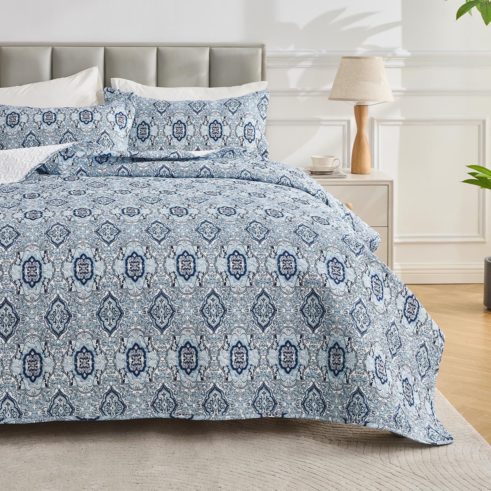 Hitime Luxury Printed Quilt Set King Size, Lightweight Comforter Set, Oversized Bedspread Coverlet Quilted Bedding Set, with 2 Matching Pillowcases, for All Season
