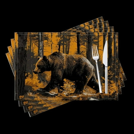 

BaHomeck placemats Set of 4 Bear Walking Through The Forest Cotton Linen rectangle Placemats for Kitchen Dining Table Indoor Outdoor 18*12inch
