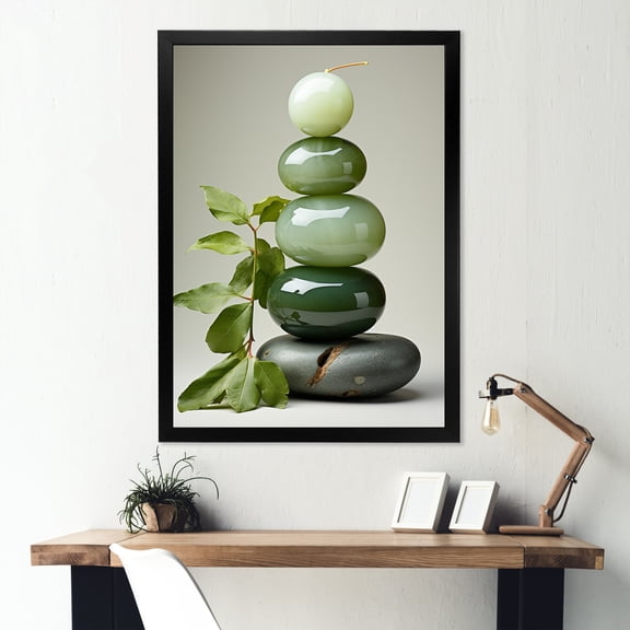 Designart "Spiritual Zen Stone in Green III" Spiritual Framed Wall Art - Global Green Spiritual Stone Living Room Framed Canvas Art