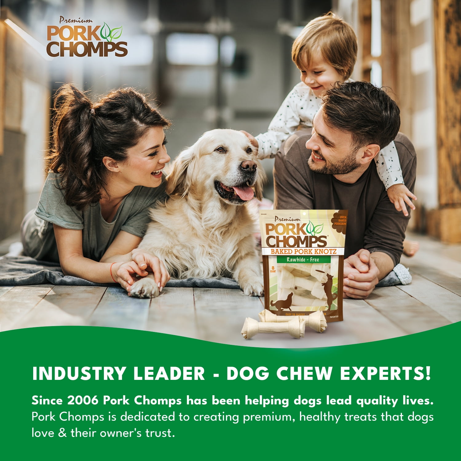 Pork Chomps Premium Rawhide-Free Baked Pork Skin Knots Dog Chews, 7 Inch, 8 Count