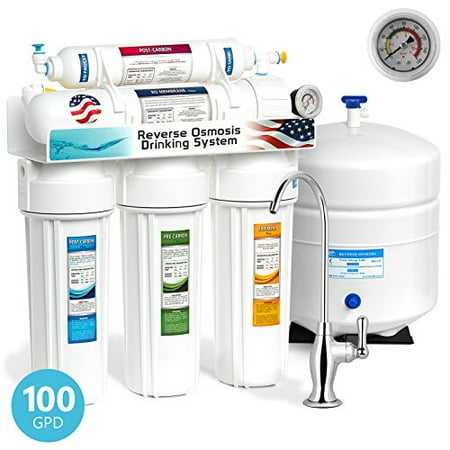 Undersink Reverse Osmosis - Express Water 5 Stage Under Sink Reverse Osmosis Filtration System 100 GPD RO Membrane Filter Deluxe Faucet Pressure Gauge - Ultra Safe Residential Home Drinking Water Purification - One Year Warranty