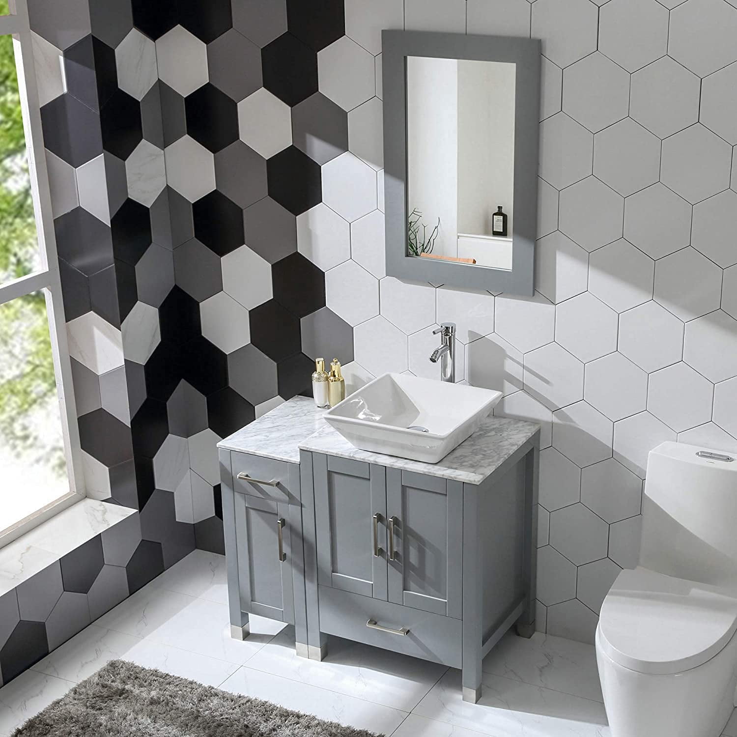 36" Bathroom Vanity Cabinet and Sink Combo Solid Wood Marble Top w/Mirror Faucet&Drain,Gray