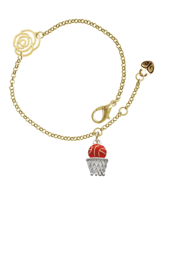 Silvertone Basketball - Over Hoop Gold-tone Rose Link Chain Bracelet, 6.25"+1.75" Extender