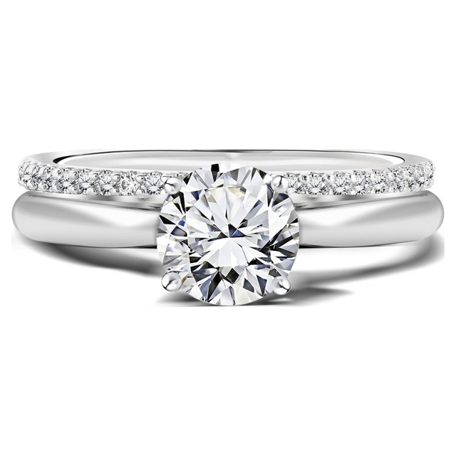 JeenMata Conjunto Nupcial de Moissanita de Corte Redondo de 1,25 Quilates - Conjunto Nupcial - Anillo de Compromiso - Anillo de Cuatro Puntas - Oro Blanco de 18 K sobre Plata