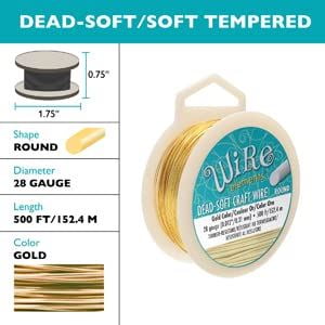The Beadsmith Wire Elements Craft Wire – Tarnish Resistant, Soft Temper, Round, Gold Color – 0.32mm, 28 Gauge, 500 Feet Spool – Jewelry Making, Wire Wrapping, Floral, & Other DIY Crafts
